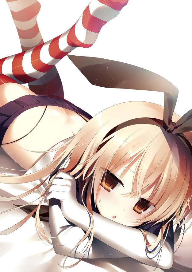 1girl ass blonde_hair butt_crack elbow_gloves gloves hair_ribbon kantai_collection long_hair looking_at_viewer lying microskirt midriff open_mouth personification ribbon shimakaze_(kantai_collection) skirt solo striped striped_legwear thighhighs yellow_eyes yoruneko