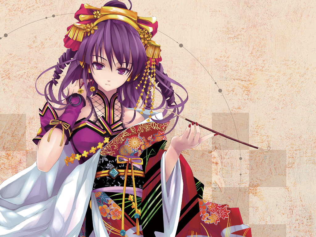 1girl drill_hair japanese_clothes kimono long_hair misaki_kurehito original pipe purple_hair solo violet_eyes