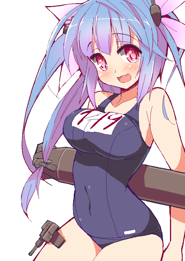 1girl 9law blue_hair breasts clothed_navel fang hair_ornament hair_ribbon i-19_(kantai_collection) kantai_collection large_breasts long_hair looking_at_viewer multicolored_hair oekaki one-piece_swimsuit open_mouth personification purple_hair red_eyes ribbon school_swimsuit simple_background smile solo swimsuit torpedo twintails two-tone_hair white_background