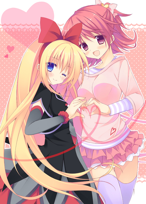 2girls :d aida_mana blonde_hair blue_eyes blush couple dokidoki!_precure heart heart_hands long_hair multiple_girls open_mouth pink_eyes pink_hair precure purinko regina_(dokidoki!_precure) short_hair smile thighhighs wink zettai_ryouiki