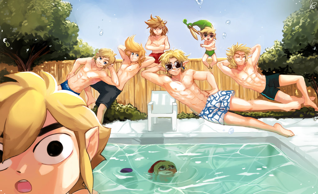 6+boys :o abs arms_behind_head bbrangka blonde_hair blue_eyes brown_hair chair closed_eyes copyright_request earrings error ezlo fence hand_on_hip hat jewelry link looking_at_viewer looking_up male minish_cap multiple_boys muscle ocarina_of_time open_mouth pointy_ears pool sky skyward_sword smile sunglasses swim_trunks tagme the_legend_of_zelda toon_link topless tree triangle_mouth twilight_princess wind_waker