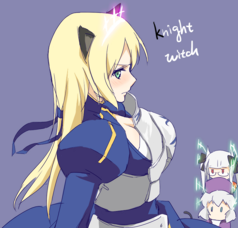 3girls animal_ears armor armored_dress blonde_hair blue_background blue_dress breasts cat_ears cat_tail chibi cleavage dress fate_(series) green_eyes hat head_wings heidimarie_w_schnaufer heinrike_prinzessin_zu_sayn-wittgenstein hirschgeweih_antennas irisviel_von_einzbern_(cosplay) kisetsu long_hair multiple_girls pun red_eyes saber_(cosplay) sanya_v_litvyak seiyuu_connection silver_hair strike_witches sweater tail toosaka_rin_(cosplay) twintails