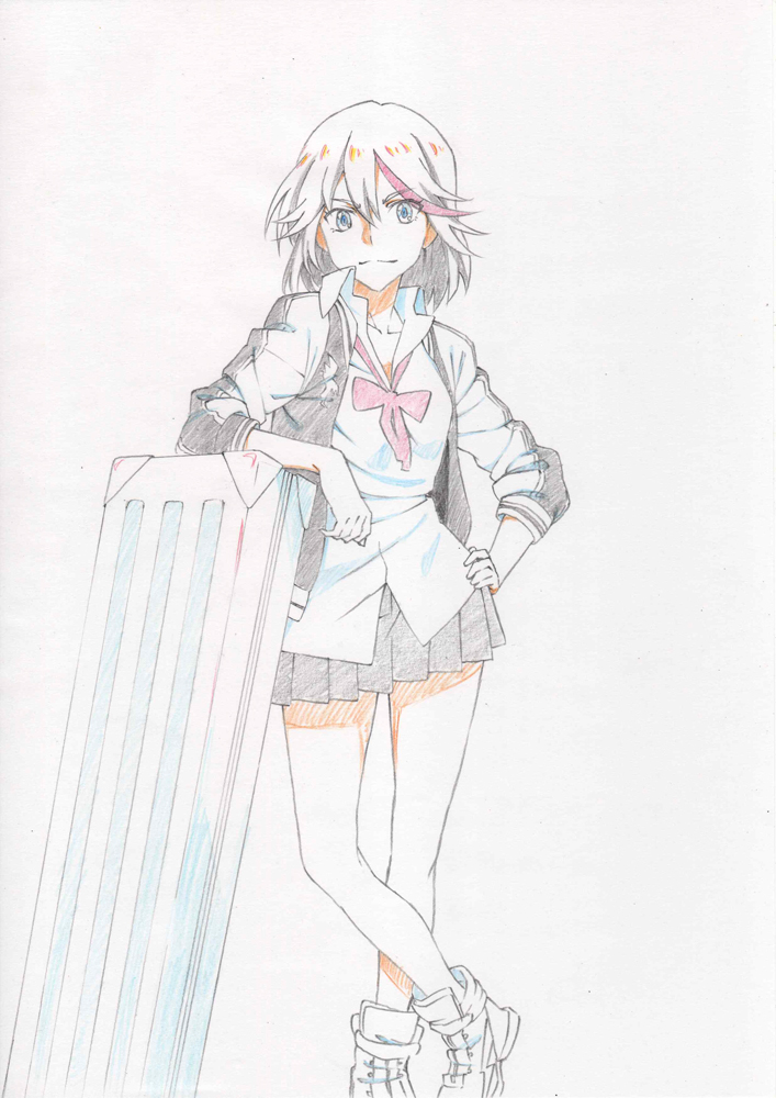 1girl case colored_pencil_(medium) graphite_(medium) iyakun jacket kill_la_kill leaning letterman_jacket looking_at_viewer matoi_ryuuko ribbon shoes short_hair sketch skirt sneakers solo traditional_media