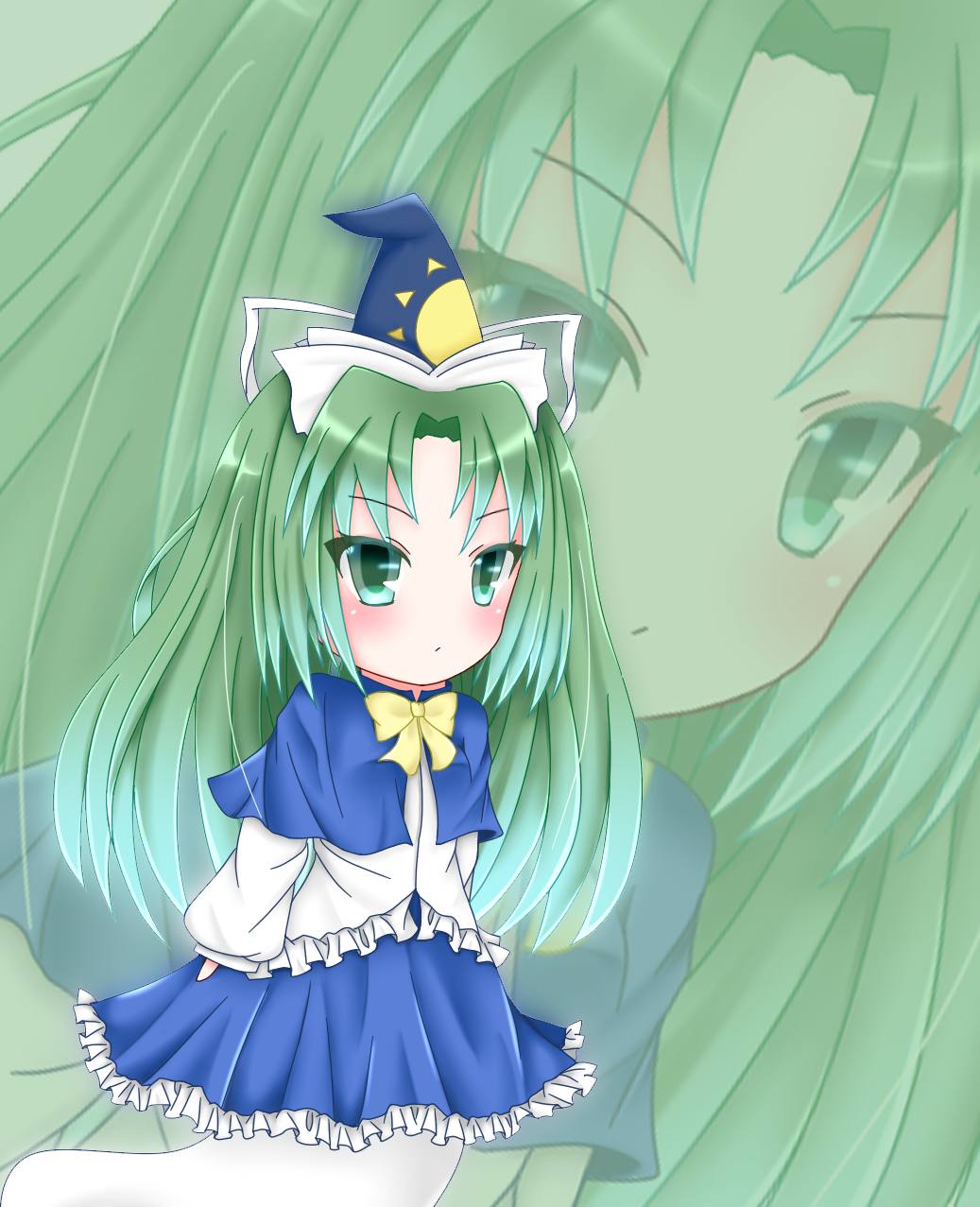 bow capelet chibi ghost_tail green_eyes green_hair hat highres layered_dress long_sleeves looking_at_viewer mima puffy_sleeves touhou touhou_(pc-98) wizard_hat xue_ye zoom_layer