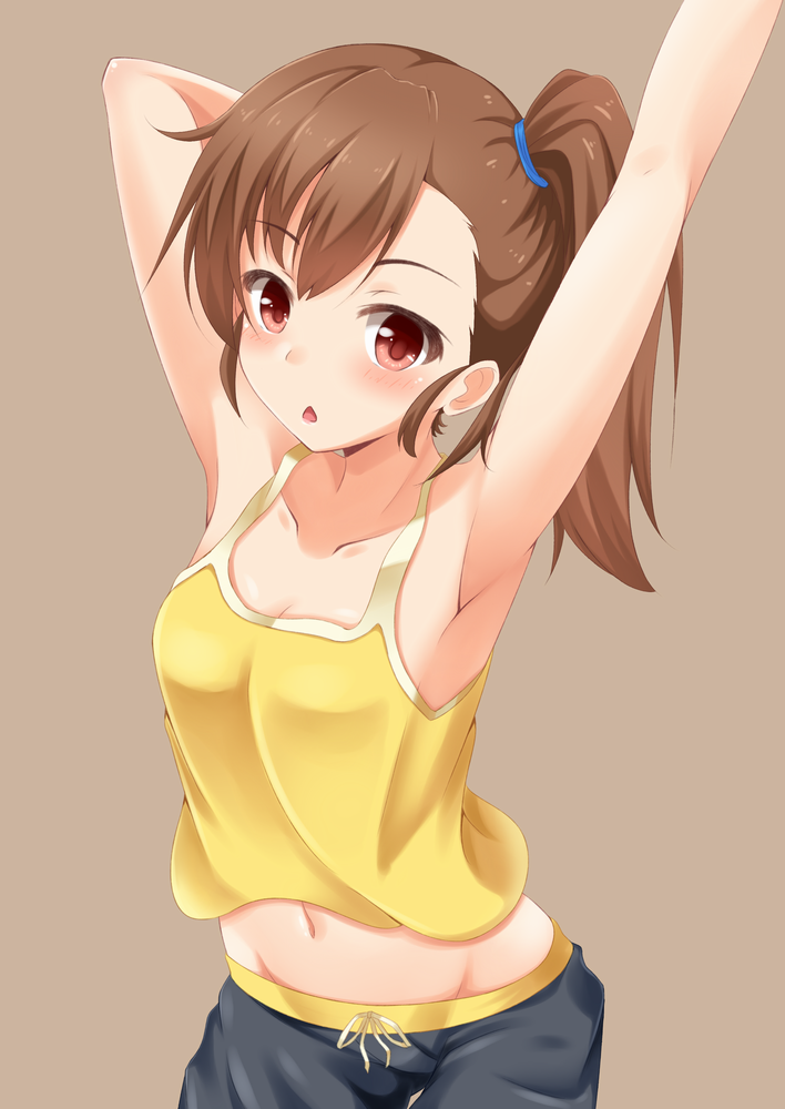 1girl armpits brown_hair chestnut_mouth fuku_d futami_mami idolmaster looking_at_viewer midriff mound_of_venus navel ponytail red_eyes side_ponytail solo