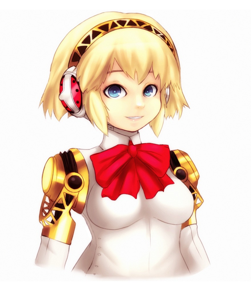 1girl aegis android blonde_hair blue_eyes bow breasts bust headphones mato_spectoru no_nipples persona persona_3 robot_joints short_hair smile solo