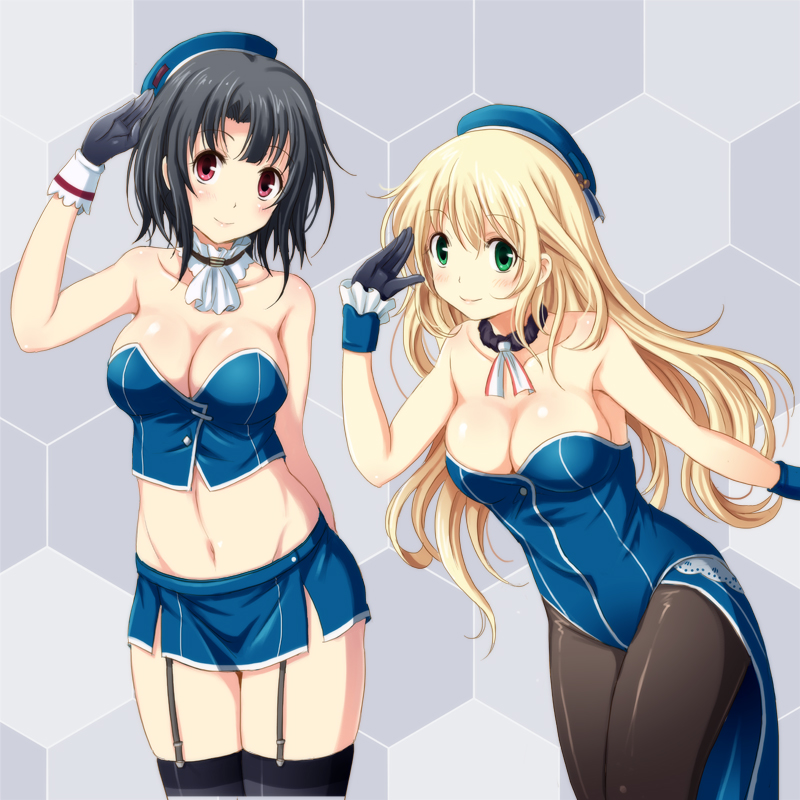 2girls atago_(kantai_collection) black_hair blonde_hair breasts bunnysuit cleavage kantai_collection long_hair looking_at_viewer midriff multiple_girls navel pantyhose personification red_eyes salute shian_(my_lonly_life.) short_hair takao_(kantai_collection) thighhighs wrist_cuffs