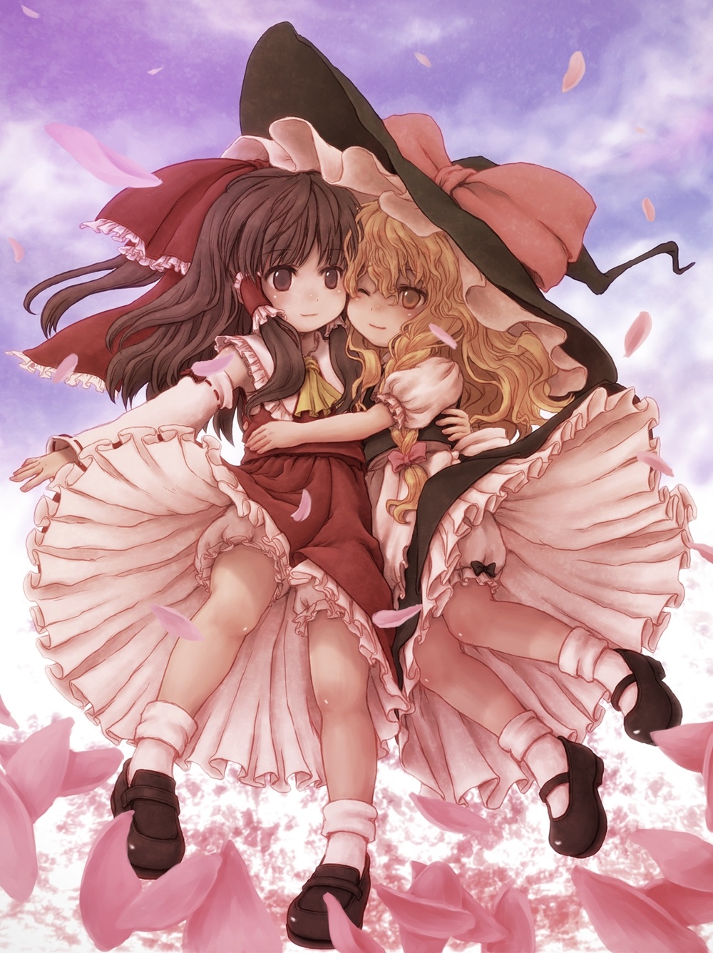 2girls apron arm_around_waist ascot blonde_hair bloomers blue_sky bow braid brown_eyes cherry_blossoms clouds detached_sleeves flying from_below hair_bow hair_tubes hakurei_reimu hand_on_another's_stomach hat hat_ribbon head_to_head highres karioda kirisame_marisa light_smile long_hair looking_at_viewer mary_janes multiple_girls petals puffy_short_sleeves puffy_sleeves ribbon shoes short_sleeves single_braid skirt skirt_set sky socks underwear upskirt waist_apron wink witch_hat yellow_eyes