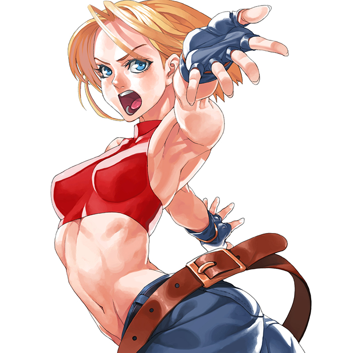 1girl armpits ass belt blonde_hair blue_eyes blue_mary breasts bust crop_top fatal_fury fingerless_gloves gloves halter_top halterneck king_of_fighters king_of_fighters_xi midriff multiple_belts nose open_mouth outstretched_arms pants short_hair skin_tight solo takoyaki_neko-san toned