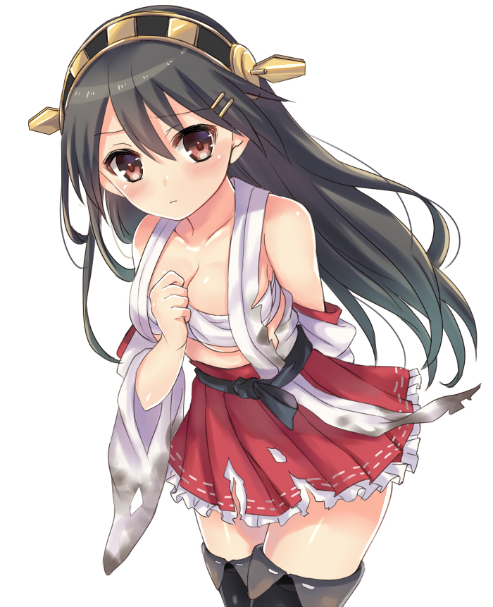 1girl arm_behind_back black_hair blush breasts brown_eyes cleavage detached_sleeves hair_ornament hairband hairclip hand_on_own_chest harimoji haruna_(kantai_collection) kantai_collection long_hair nontraditional_miko personification sarashi skirt solo thighhighs torn_clothes torn_skirt white_background zettai_ryouiki