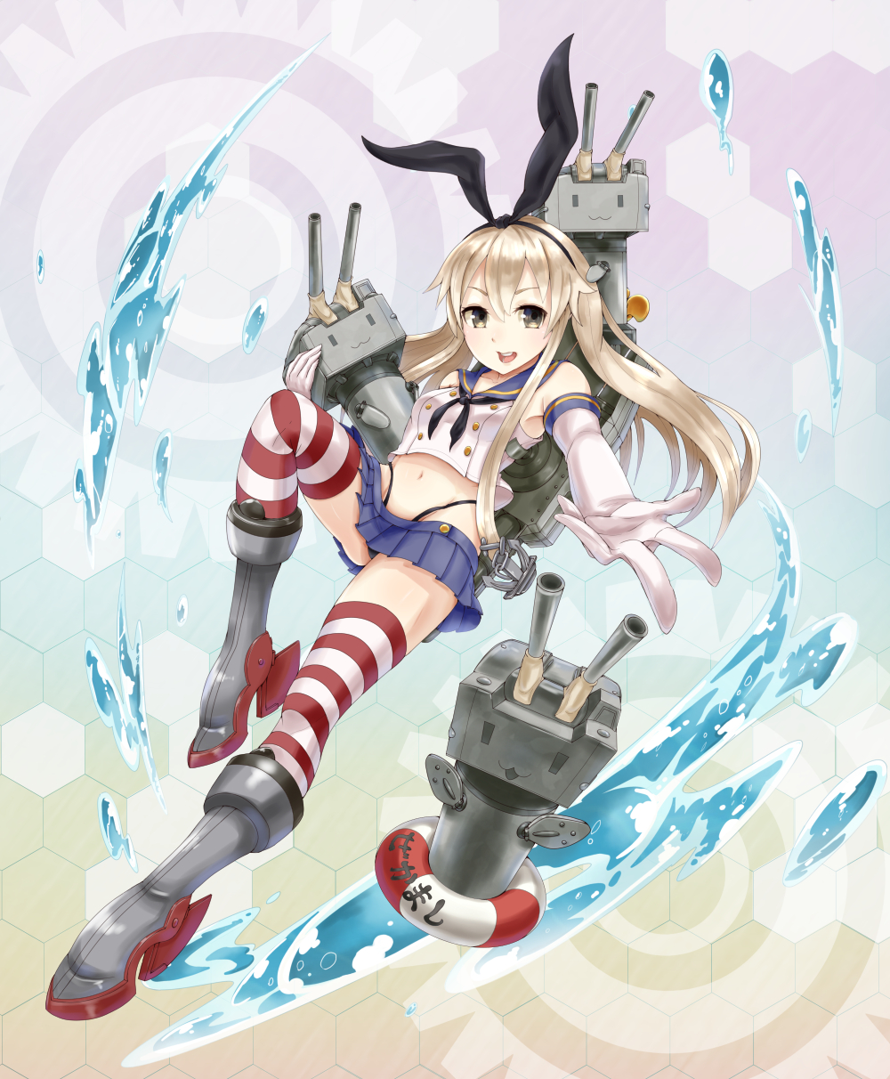 1girl :3 black_panties blonde_hair elbow_gloves gloves highres kantai_collection outstretched_hand panties personification pleated_skirt rensouhou-chan shimakaze_(kantai_collection) skirt solo striped striped_legwear thighhighs toshi_gahara underwear