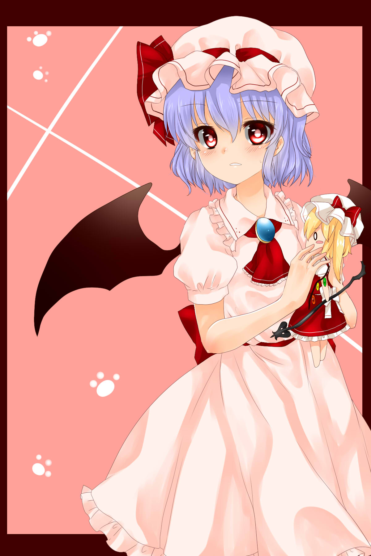1girl ascot barefoot bat_wings blonde_hair blouse blue_hair blush blush_stickers bow brooch character_doll collared_shirt doll_hug dress flandre_scarlet frame frilled_dress frilled_shirt frilled_skirt frills hat hat_bow highres holding jewelry koyashaka laevatein large_bow looking_at_viewer mob_cap o_o paw_print pink_background pink_dress pink_shirt pink_skirt red_dress red_eyes red_shirt red_skirt remilia_scarlet short_sleeves skirt skirt_set solo standing touhou wings