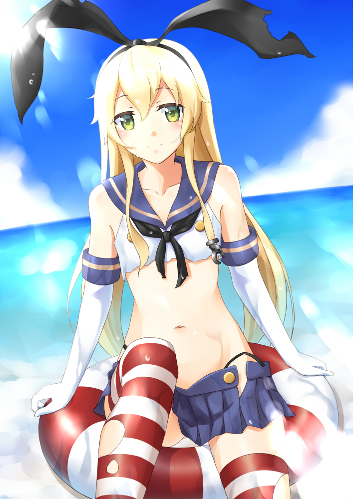 1girl aoi_usagi bare_legs black_panties blonde_hair blush clouds crop_top elbow_gloves gloves green_eyes innertube kantai_collection looking_at_viewer midriff navel ocean panties personification pleated_skirt school_uniform serafuku shimakaze_(kantai_collection) shiny shiny_skin skirt sky smile solo thighhighs torn_clothes torn_thighhighs underwear wet wet_clothes