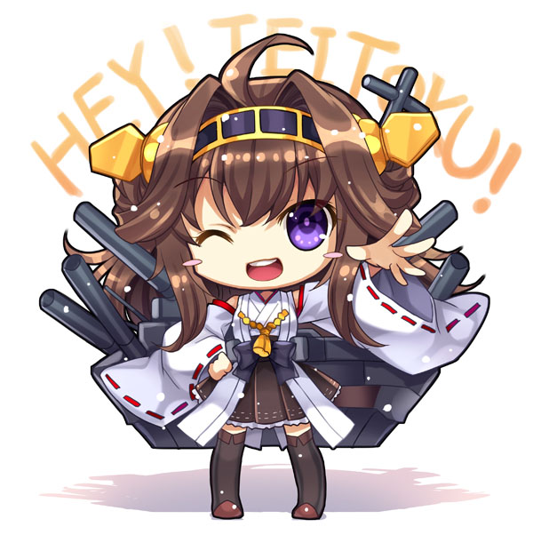 1girl ahoge brown_hair capura_lin chibi detached_sleeves japanese_clothes kantai_collection kongou_(kantai_collection) long_hair personification solo thighhighs violet_eyes wink