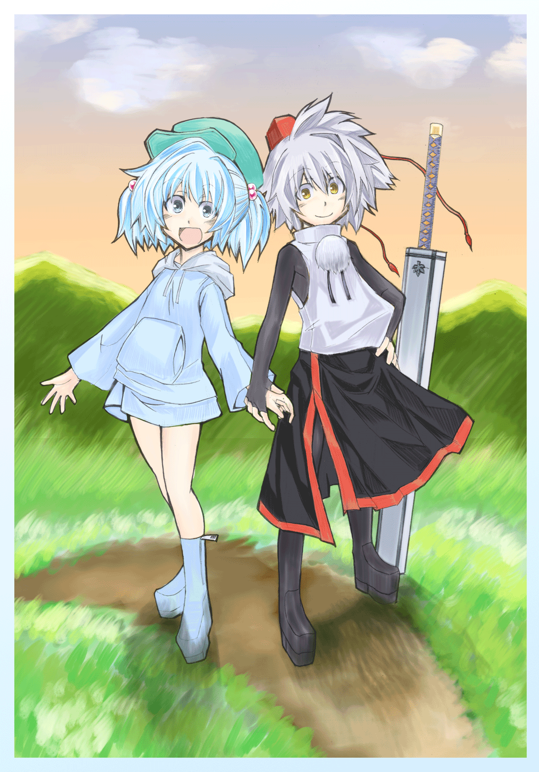 2girls alternate_costume animal_ears belt blue_eyes blue_hair blush boots bridal_gauntlets contemporary detached_sleeves fingerless_gloves full_body gauntlets geta gloves grass hair_bobbles hair_ornament hand_on_hip hat highres holding_hands hoodie inubashiri_momiji kawashiro_nitori knee_boots long_skirt mountain multiple_girls nature open_mouth pom_pom_(clothes) short_hair short_twintails skirt skirt_set smile standing sword tail tengu-geta tokin_hat touhou twintails weapon white_hair wide_sleeves wolf_ears x172xqqq yellow_eyes