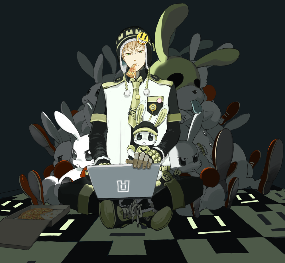 1boy badge blonde_hair boots buck_teeth button_badge buttons computer cross-laced_footwear dramatical_murder food green_eyes hat indian_style lace-up_boots laptop long_sleeves looking_at_viewer male monitor_light motorboots necktie no_eyebrows noiz_(dramatical_murder) piercing pizza pizza_box rabbit safety_pin short_hair sitting solo studded_bracelet stuffed_animal stuffed_toy tongue