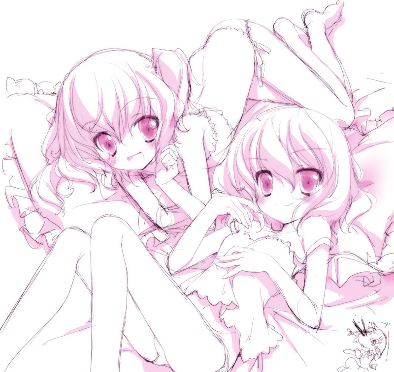 2girls :d barefoot blood blush camisole fang flandre_scarlet gotou_nao hand_on_own_chest izayoi_sakuya lying midriff monochrome multiple_girls nosebleed open_mouth panties pillow remilia_scarlet short_hair siblings side-tie_panties sisters sketch smile touhou underwear underwear_only