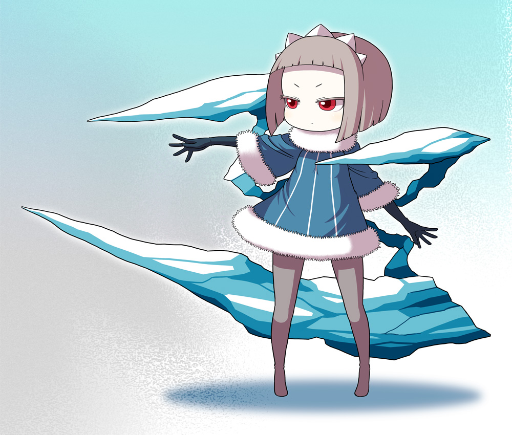 1girl abstract_background between_legs bob_cut brown_hair brown_legwear claws coat fur_collar fur_trim gloves hime_cut huge_weapon ice ice_tentacles ken_(koala) no_shoes original outstretched_arm pantyhose queen_of_icicle red_eyes short_hair solo spread_fingers tiara vertical_stripes weapon