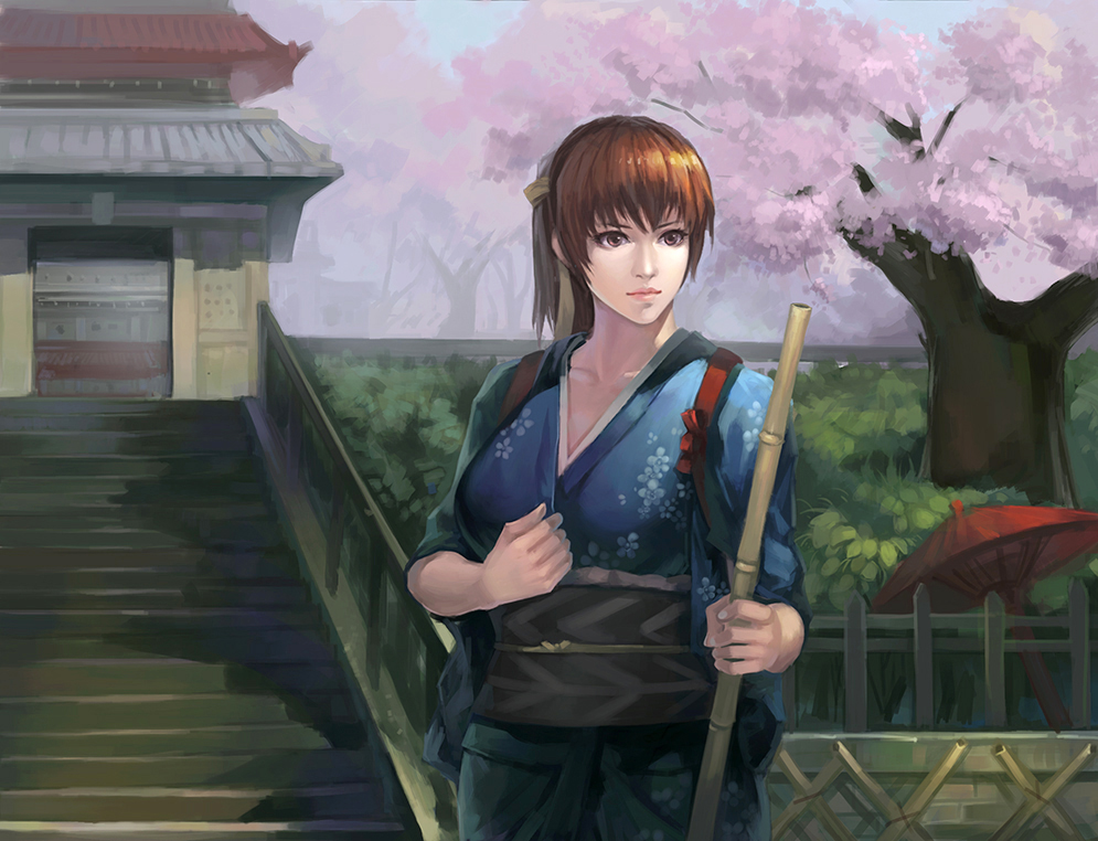 1girl broom brown_eyes brown_hair cherry_blossoms dead_or_alive japanese_clothes kasumi kimono long_hair obi solo tree vmax-ver