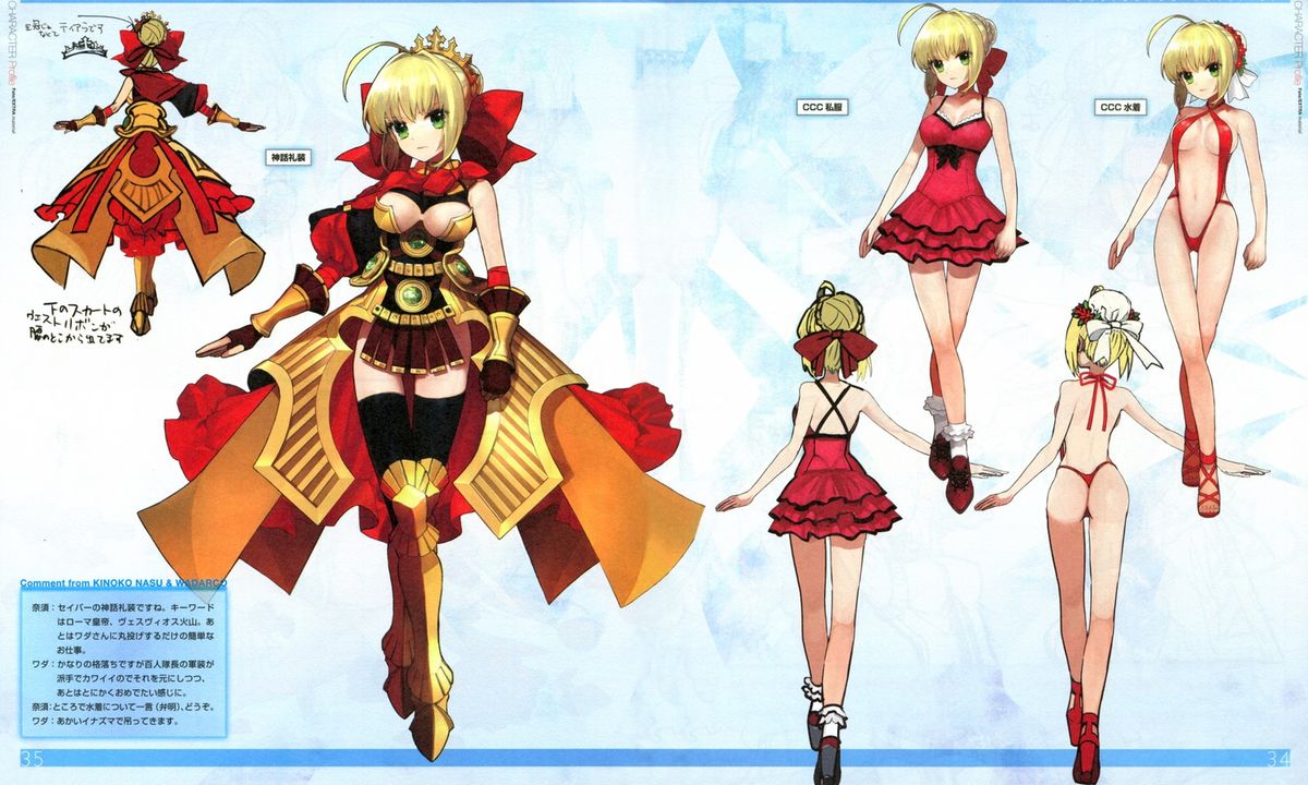 1girl ahoge armor asymmetrical_clothes bikini blonde_hair bow breasts cleavage crossed_legs_(standing) crown dress green_eyes hair_bow hair_bun high_heels official_art reference_sheet saber_extra swimsuit thighhighs wada_aruko