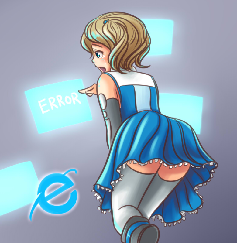 123hamster 1girl blue_eyes brown_hair detached_sleeves dress holographic_touchscreen internet_explorer microsoft personification short_hair simple_background solo tears thighhighs