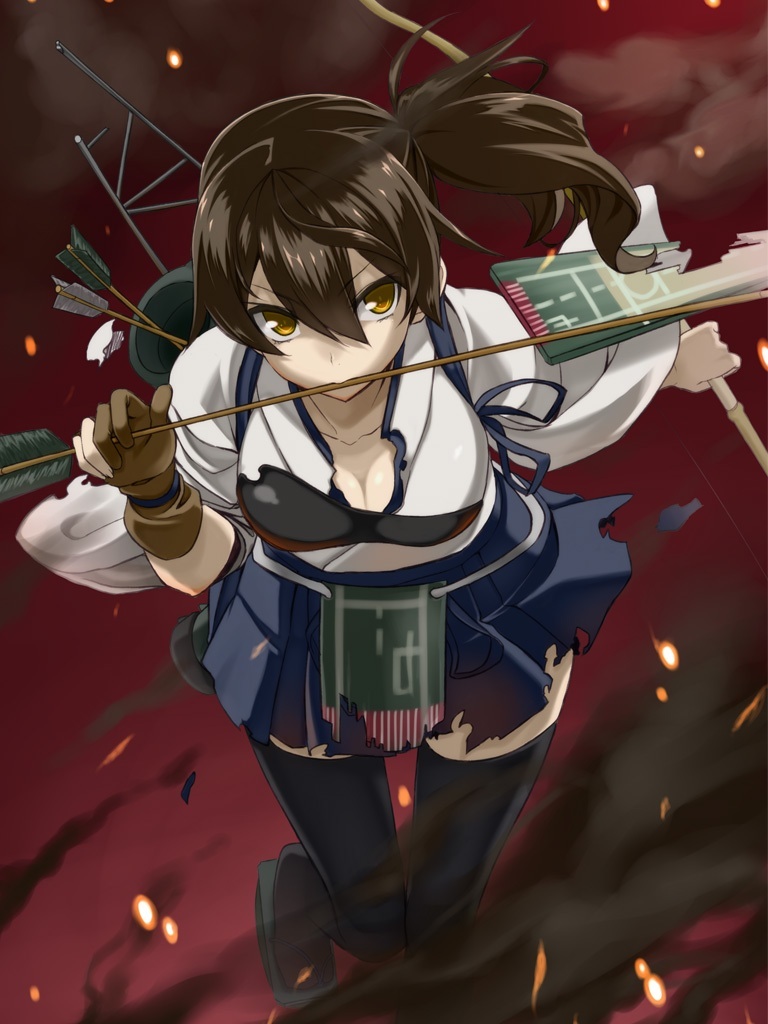 1girl aircraft_carrier arrow blush bow_(weapon) breasts brown_eyes brown_hair cleavage damaged fire japanese_clothes kaga_(kantai_collection) kantai_collection maou muneate personification short_hair side_ponytail skirt smoke solo thighhighs torn_clothes weapon