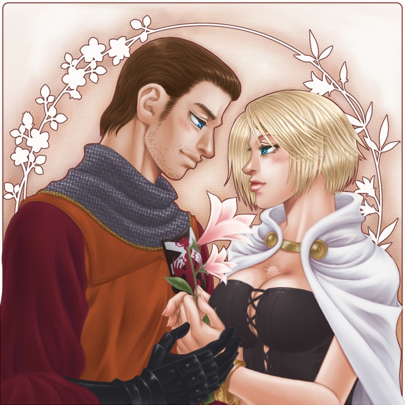 1boy 1girl arisen_(dragon's_dogma) arusha blonde_hair blue_eyes breasts brown_hair bustier cape chainmail cleavage couple crest dragon's_dogma eye_contact facial_hair flower gauntlets large_breasts lips looking_at_another maximilian_eizenstern nose npc scar short_hair sideburns stubble