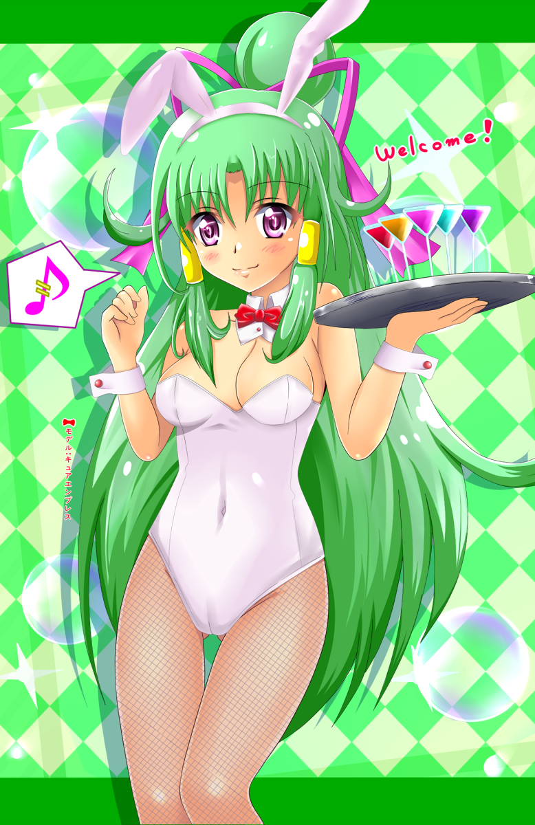 1girl animal_ears argyle argyle_background bowtie breasts bunnysuit cleavage cure_empress detached_collar dokidoki!_precure english fake_animal_ears fishnet_pantyhose fishnets glass green_background green_hair hair_tubes highres leotard long_hair musical_note pantyhose payot ponytail precure rabbit_ears ribbon shiguko smile solo tray violet_eyes wrist_cuffs