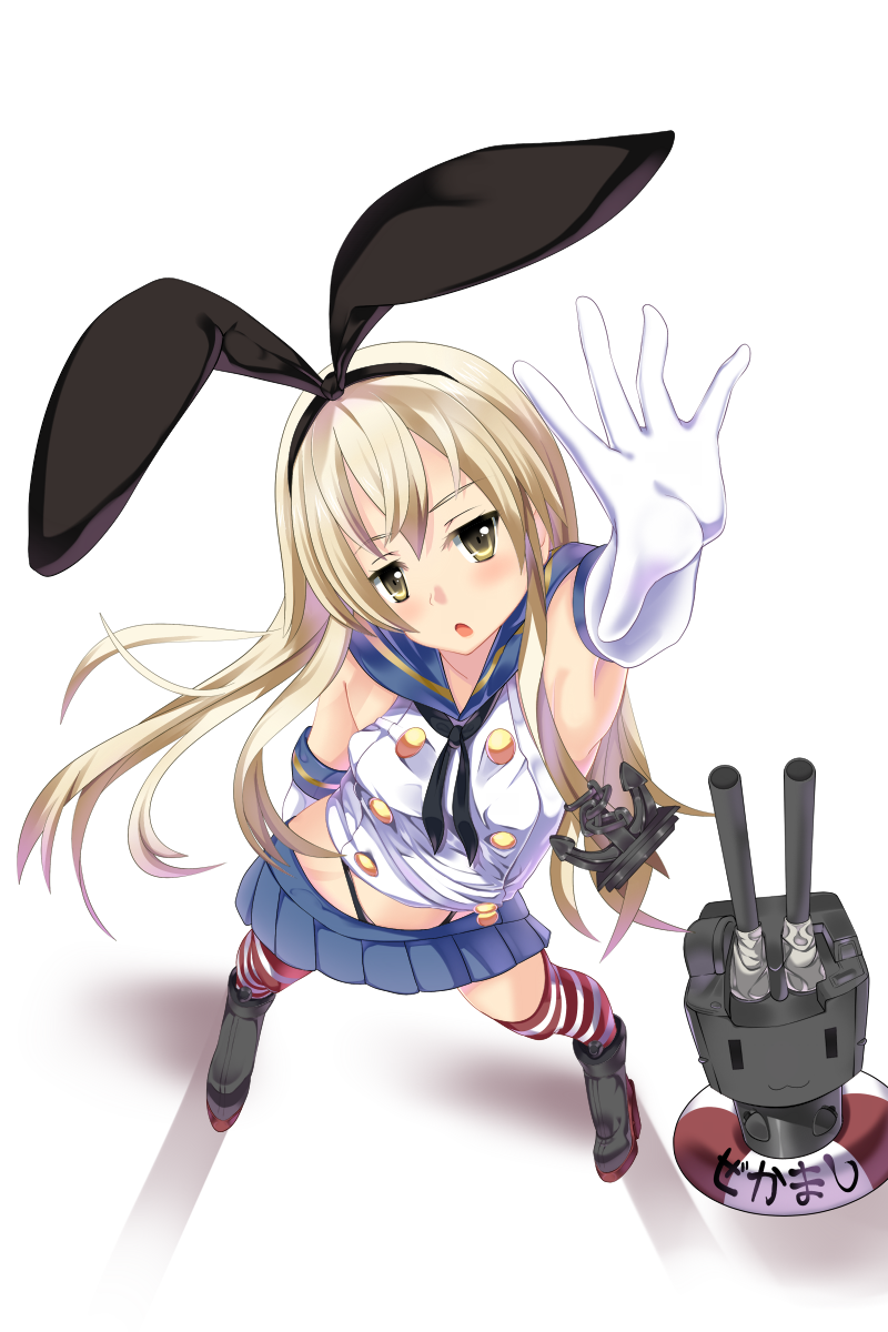 1girl black_panties blonde_hair boots elbow_gloves gloves highres kantai_collection outstretched_hand panties personification pleated_skirt rensouhou-chan school_uniform serafuku shimakaze_(kantai_collection) skirt striped striped_legwear thigh_boots thighhighs underwear yabu_q