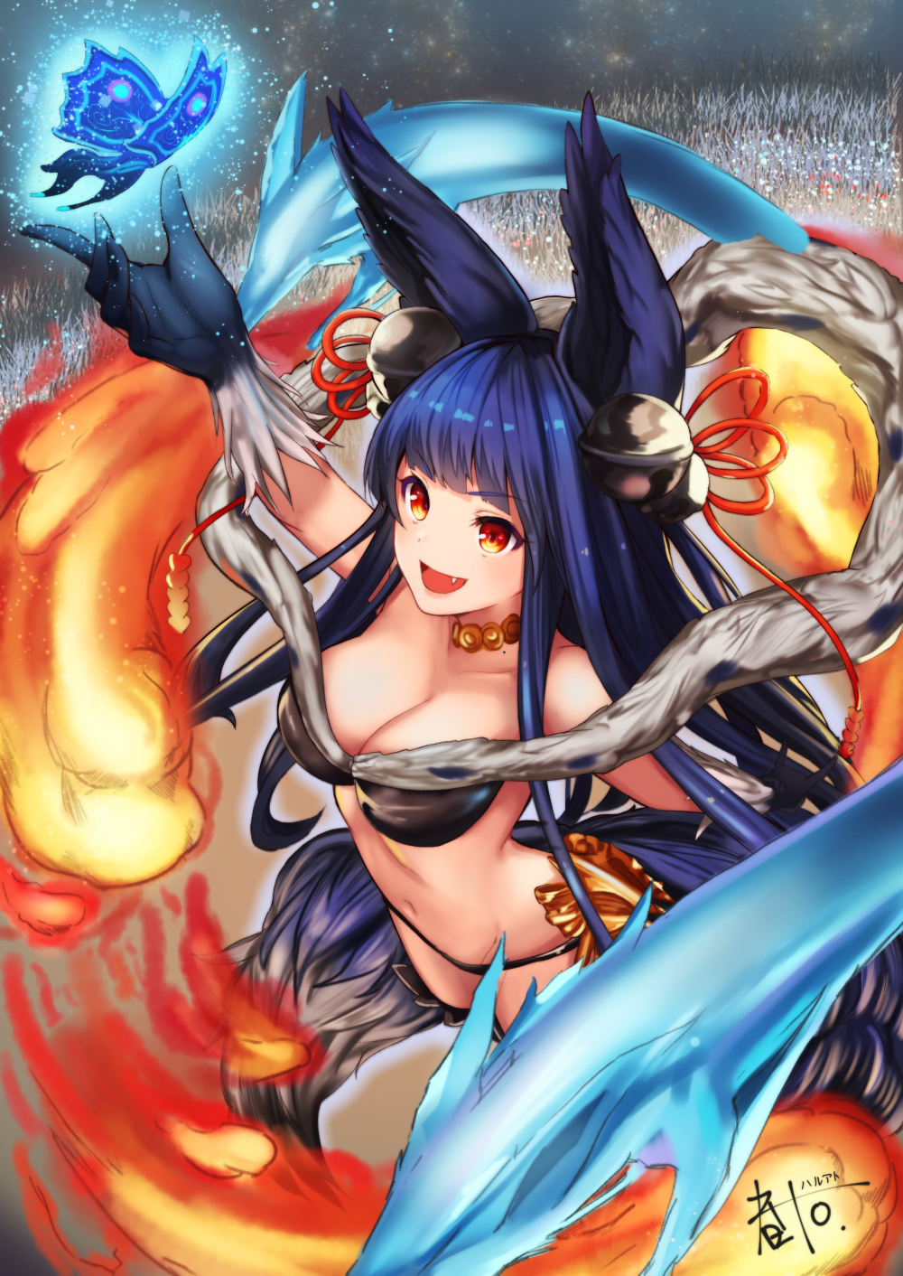 1girl :d animal_ears bare_shoulders bell breasts butterfly fang fox_ears granblue_fantasy hair_bell hair_ornament haru_ato highres jingle_bell long_hair navel open_mouth red_eyes revision signature smile solo tail yuel_(granblue_fantasy)