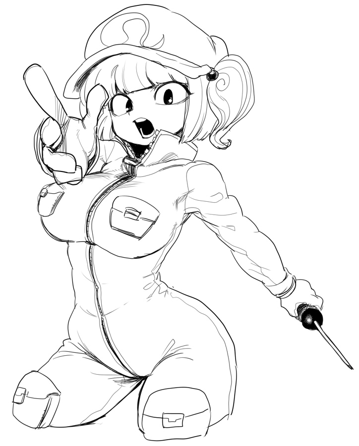 1girl bodysuit breasts cropped_legs full-length_zipper hat kawashiro_nitori large_breasts monochrome pointing pointing_at_viewer pouches screwdriver short_hair short_twintails solo space_jin touhou twintails zipper