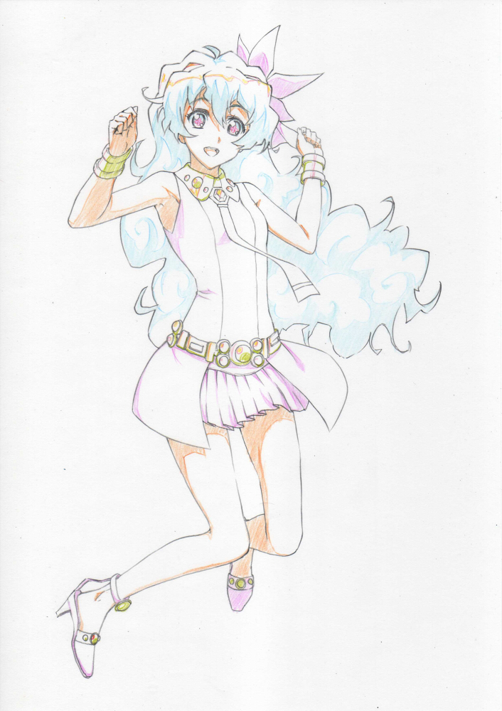 +_+ 1girl armlet bracelet colored_pencil_(medium) flower hair_flower hair_ornament high_heels iyakun jewelry long_hair nia_teppelin sketch skirt smile solo tengen_toppa_gurren_lagann traditional_media