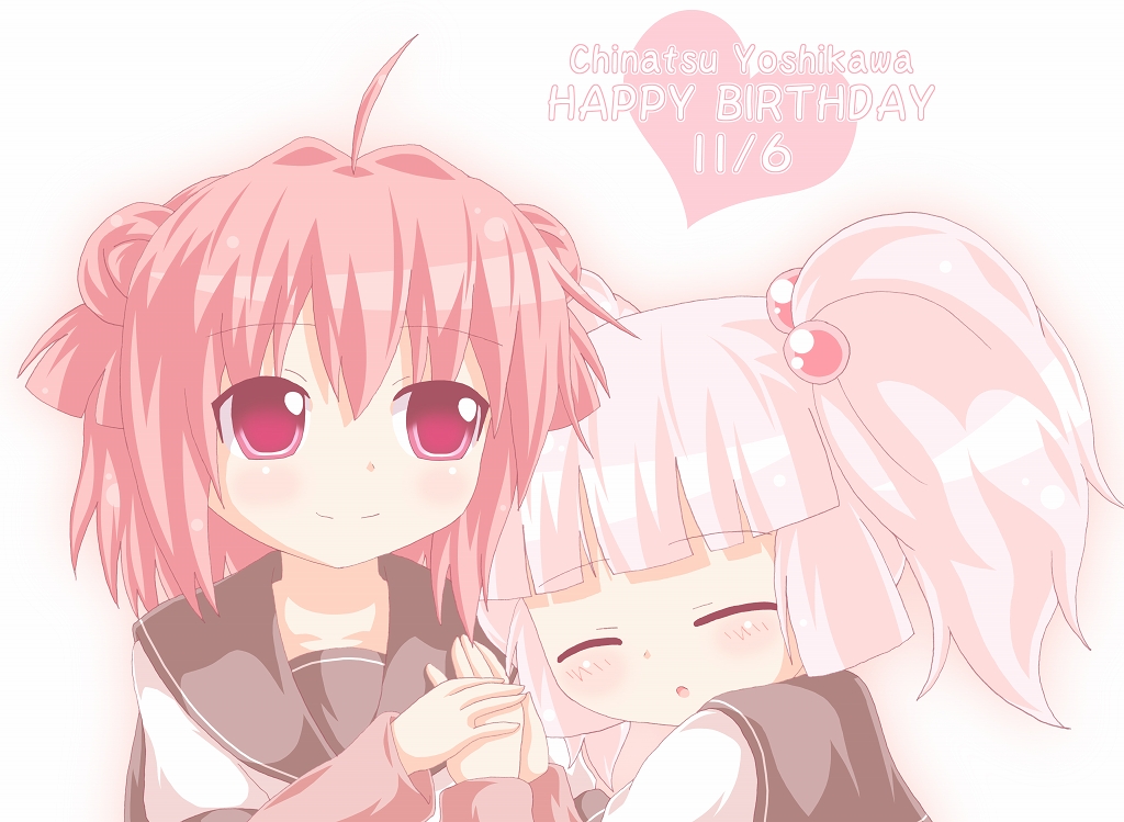 2girls ^_^ ahoge akaza_akari closed_eyes double_bun hair_bobbles hair_ornament happy_birthday heart hug kagerou_(kers) multiple_girls open_mouth pink_eyes pink_hair school_uniform smile twintails yoshikawa_chinatsu yuru_yuri