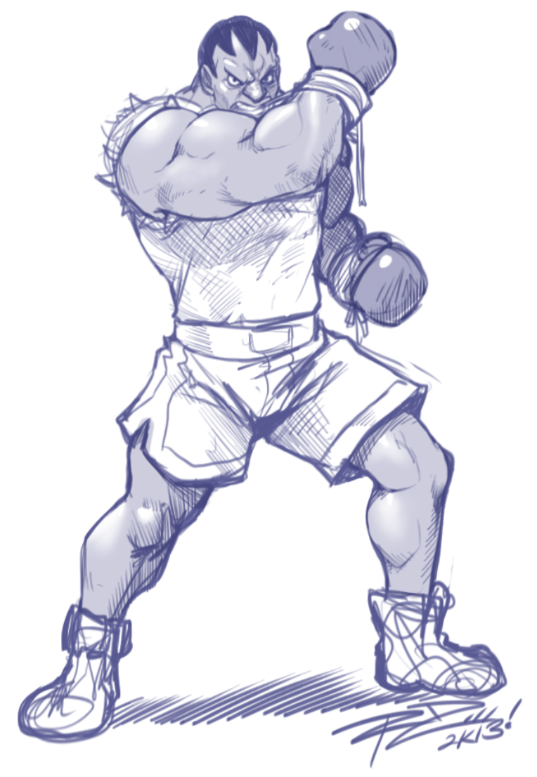 1boy boxing_gloves buzz_cut dark_skin m_bison monochrome mouth_pull muscle robert_porter shorts signature sketch sleeveless solo street_fighter