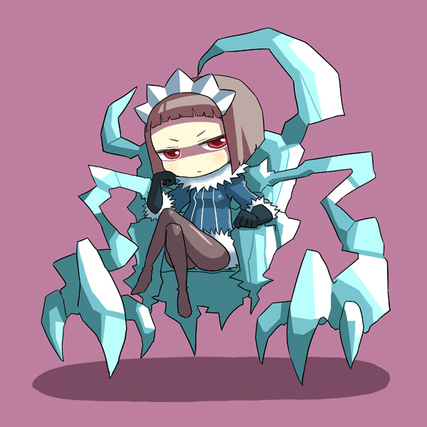 1girl bob_cut brown_hair brown_legwear chin_rest claws coat elbow_gloves floating fur_collar fur_trim glaring gloves hime_cut huge_weapon ice ice_tentacles ken_(koala) legs looking_at_viewer no_shoes original pantyhose purple_background queen_of_icicle red_eyes shadow short_hair sitting solo throne tiara weapon