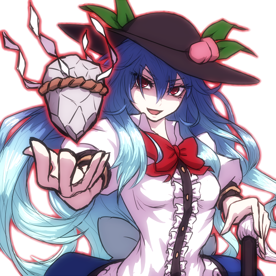 1girl blue_hair bow floating_rock food fruit hat hinanawi_tenshi long_hair looking_at_viewer miata_(pixiv) open_mouth peach puffy_short_sleeves puffy_sleeves red_eyes rope shaded_face shimenawa shirt short_sleeves skirt smile solo touhou very_long_hair