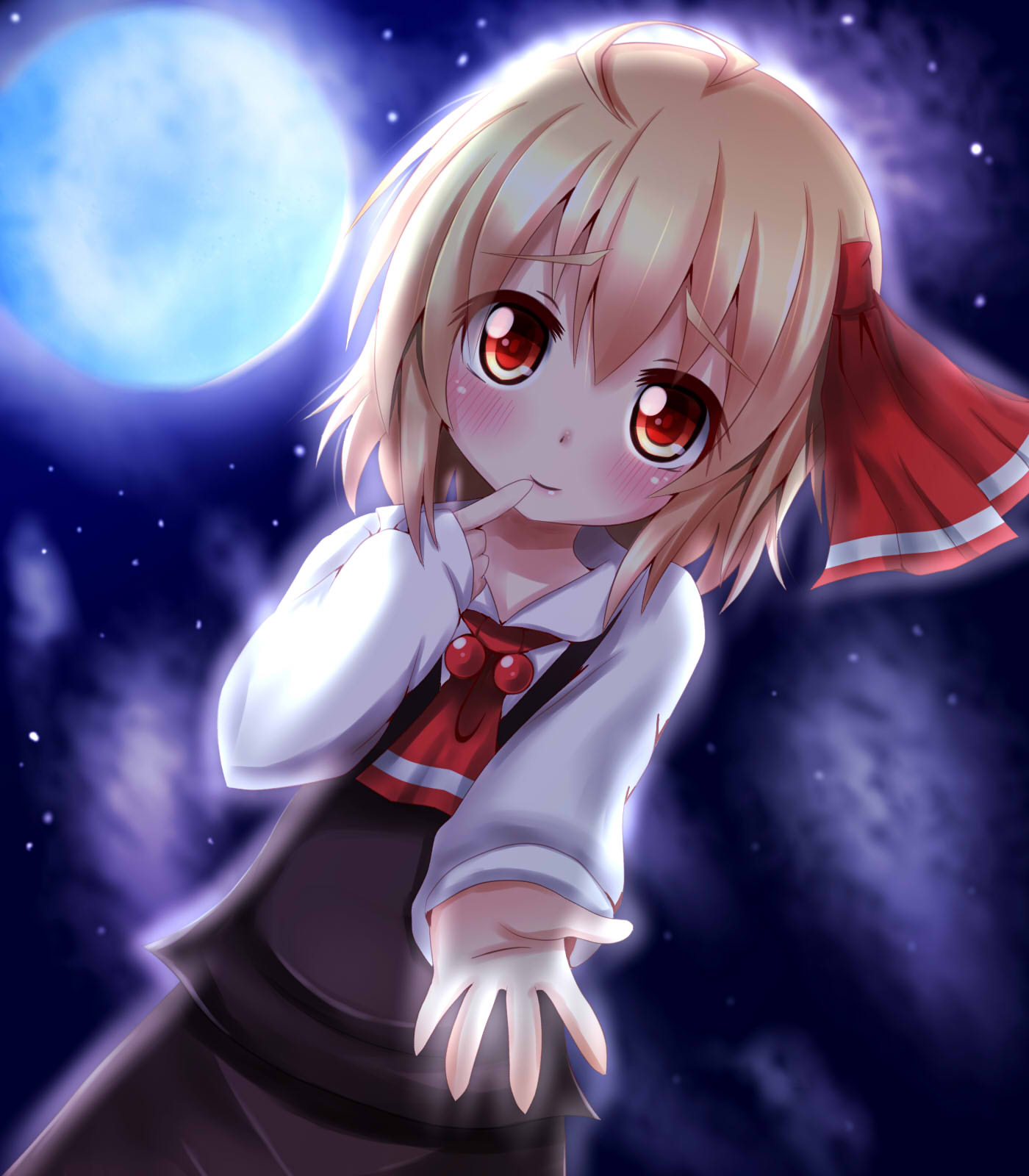 1girl blonde_hair blush clouds finger_to_mouth full_moon hair_ribbon highres kapu_(tetete8901) moon night outstretched_arm outstretched_hand ribbon rumia shirt skirt skirt_set sky smile solo star_(sky) starry_sky touhou vest