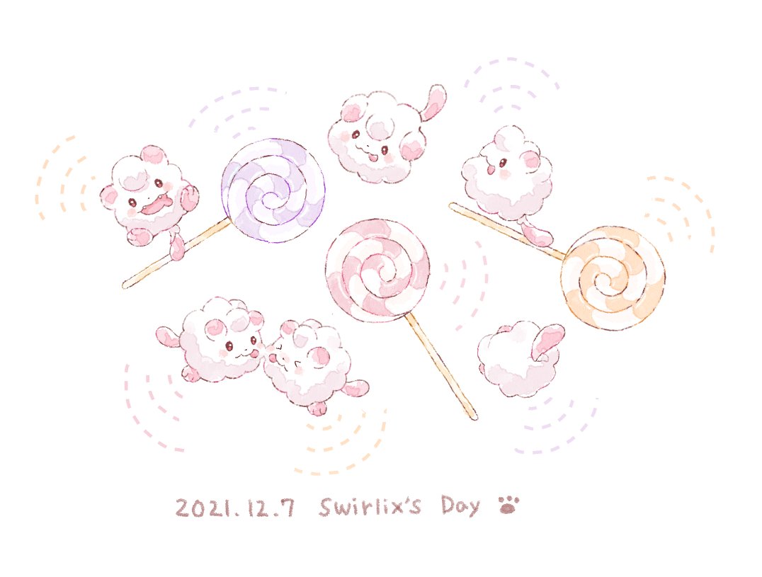 &gt;_&lt; :3 candy character_name closed_mouth commentary_request dated fangs food lollipop meheeh no_humans open_mouth paw_print pokemon pokemon_(creature) smile swirlix tongue tongue_out