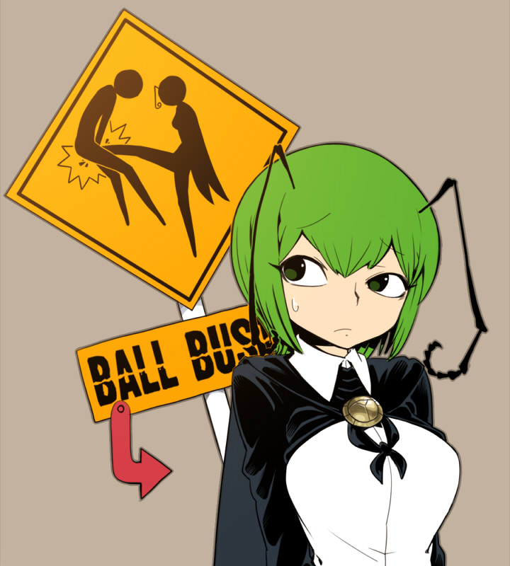 1girl antennae arms_behind_back breasts cape flat_color green_eyes green_hair groin_kick short_hair sign simple_background solo space_jin sweatdrop touhou wriggle_nightbug