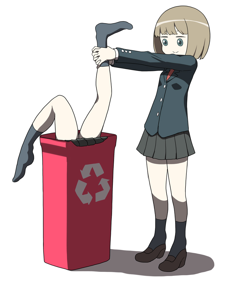 2girls black_skirt blazer blue_eyes blue_legwear blue_shirt bob_cut brown_hair forced holding_another's_foot in_container ken_(koala) legs loafers multiple_girls no_shoes original recycle_bin school_uniform shoes skirt smile upside-down