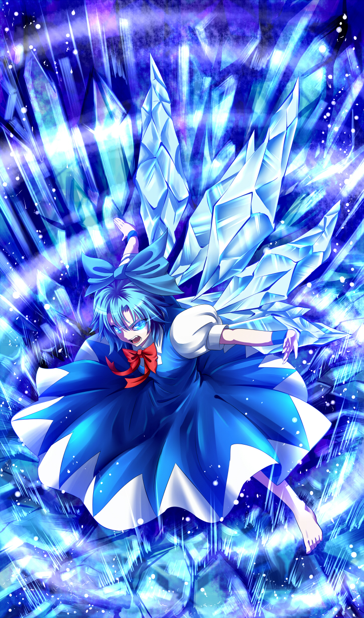1girl barefoot blue_dress blue_eyes blue_hair bow cirno dress fang glowing glowing_eyes hair_ribbon highres hijikawa_arashi ice ice_wings light_trail looking_at_viewer open_mouth outstretched_arms puffy_sleeves ribbon shirt short_sleeves sky solo touhou wings wrist_cuffs