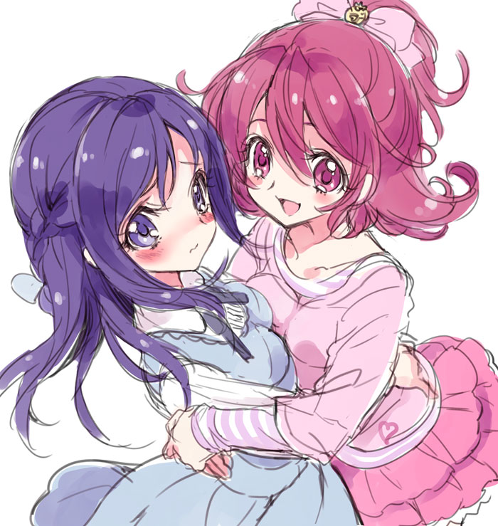 2girls :d aida_mana blue_eyes blue_hair blush dokidoki!_precure hishikawa_rikka hug multiple_girls open_mouth pink_eyes pink_hair precure short_hair simple_background sketch smile white_background yukiwo