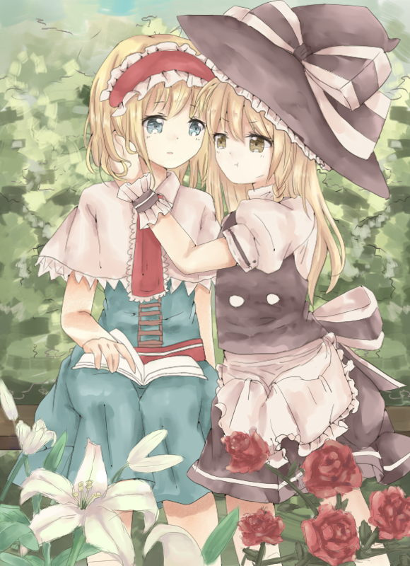 2girls :t alice_margatroid aqua_dress artist_request blonde_hair blue_eyes book capelet dress flower hairband hand_on_another's_neck hat hat_ribbon kirisame_marisa lily_(flower) lolita_hairband long_hair multiple_girls necktie open_book pout puffy_short_sleeves puffy_sleeves ribbon rose short_hair short_sleeves sitting skirt skirt_set touhou witch_hat wrist_cuffs yellow_eyes yuri