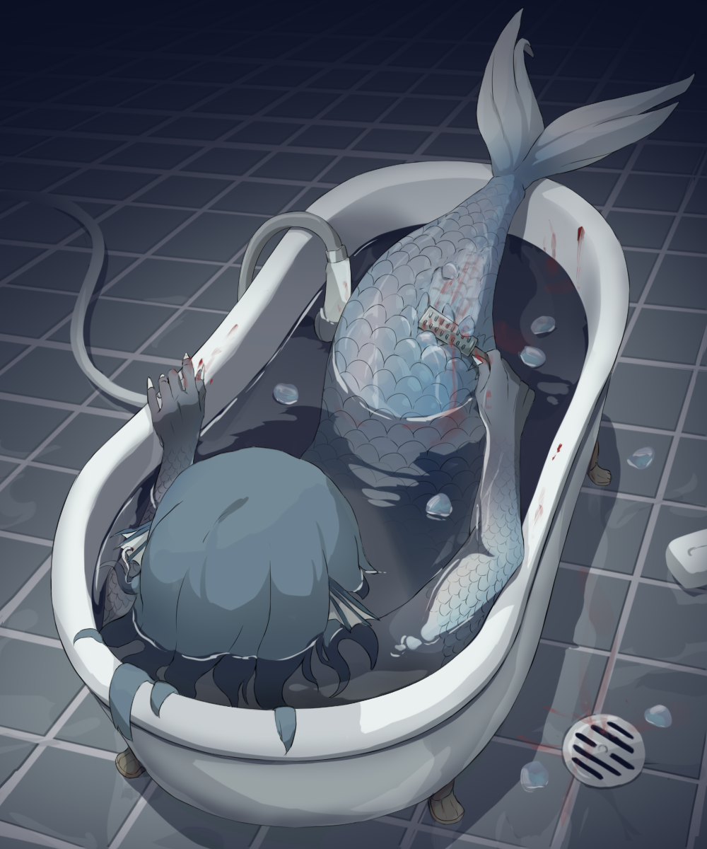 1other avogado6 bathing bathtub blood blue_hair blue_skin colored_skin drain_(object) fingernails grey_skin head_fins highres mermaid monster_girl original scales self-mutilation shower_head soap solo tile_floor tiles white_nails