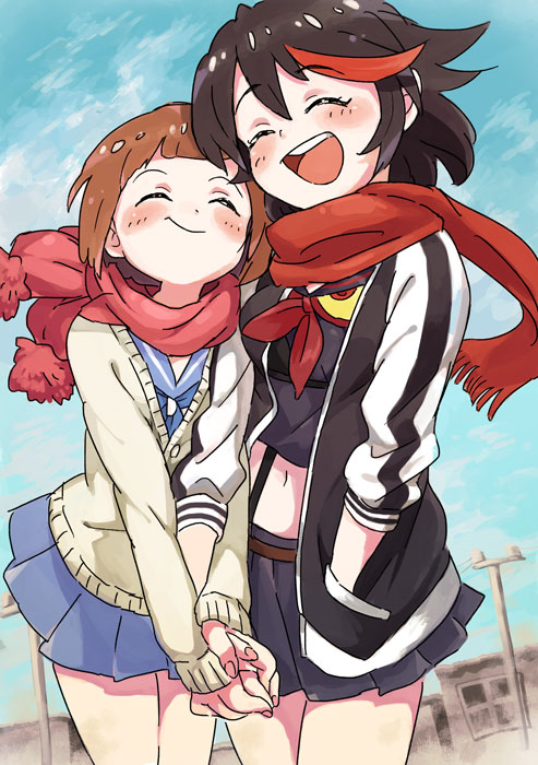 2girls blush happy holding_hands jacket kill_la_kill mankanshoku_mako matoi_ryuuko midriff multiple_girls open_mouth scarf senketsu short_hair skirt smile walrus-ruin