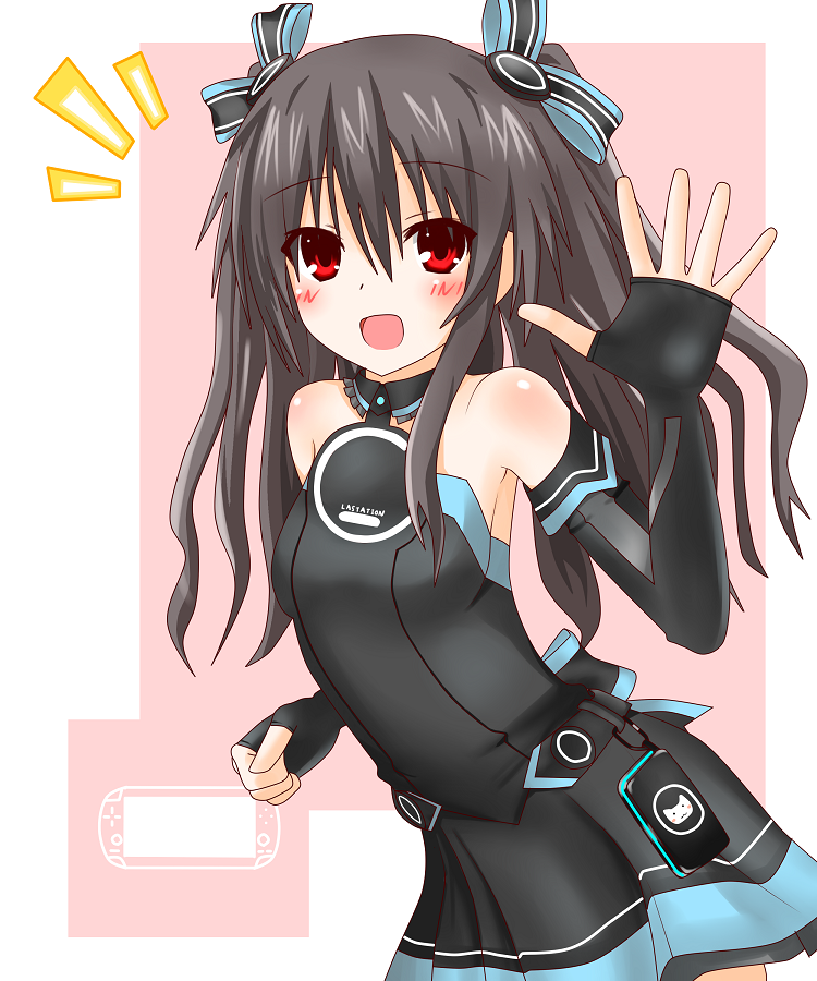 1girl :d bare_shoulders blush brown_hair choujigen_game_neptune elbow_gloves fingerless_gloves gloves hair_ornament langley1000 open_mouth playstation_portable red_eyes smile solo two_side_up uni_(choujigen_game_neptune) waving