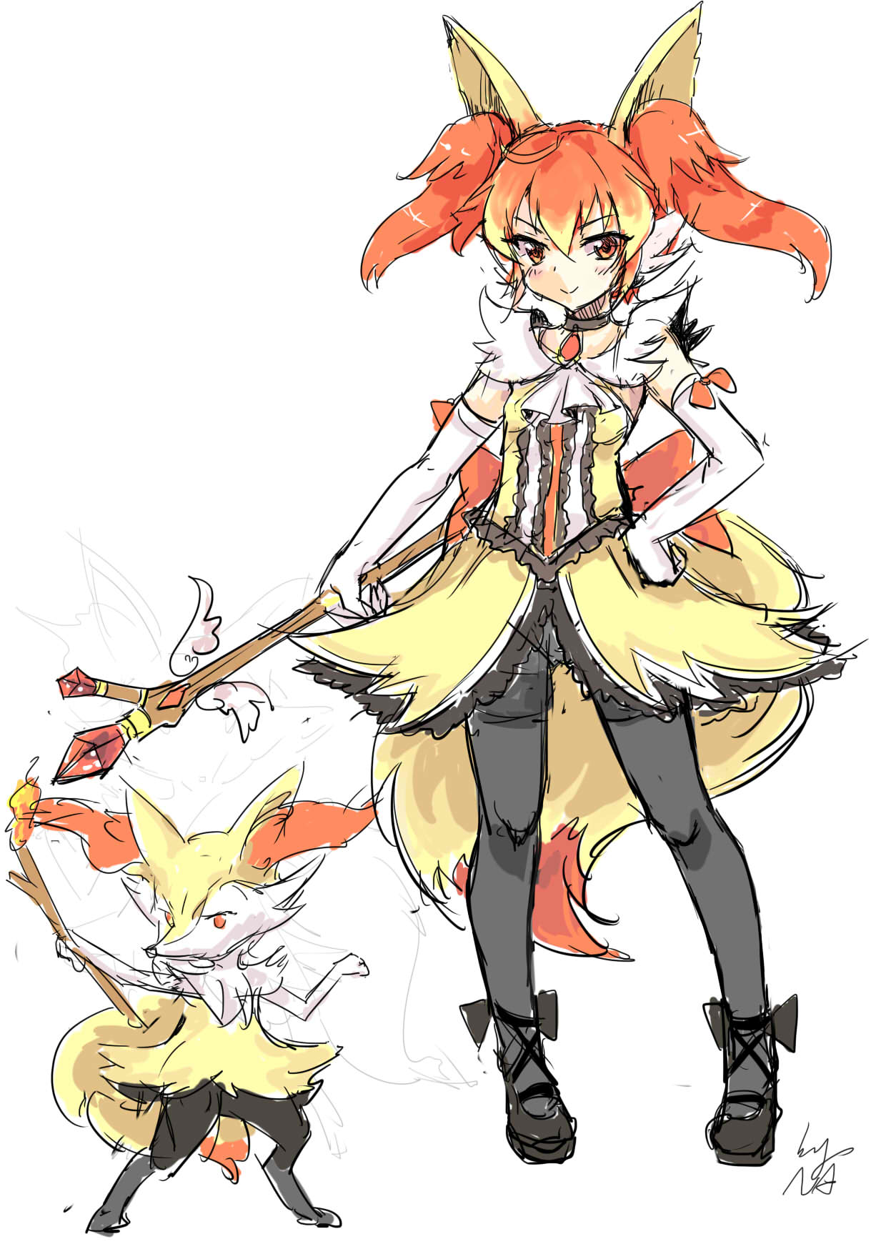 1girl animal_ears black_legwear blush braixen dress elbow_gloves fox_ears full_body fur gem gloves hand_on_hip highres looking_at_viewer magical_girl mary_janes north_abyssor pantyhose personification pokemon pokemon_(creature) pokemon_(game) pokemon_xy red_eyes redhead ribbon shoes simple_background sketch smile solo stick tail twintails wand white_background