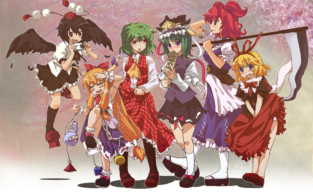 6+girls akuto ascot bird_wings black_hair black_wings blonde_hair blue_eyes blush blush_stickers bow breasts camera chain closed_eyes covering_mouth drunk feathers flying geta gourd green_hair hair_bow hair_ribbon half-closed_eyes horn_ribbon horns ibuki_suika juliet_sleeves kazami_yuuka large_breasts leg_up long_sleeves medicine_melancholy multiple_girls onozuka_komachi open_mouth over_shoulder pigeon-toed puffy_sleeves red_eyes redhead ribbon rod_of_remorse scythe shameimaru_aya shiki_eiki shirt short_sleeves skirt skirt_lift skirt_set sleeveless sleeveless_shirt smile standing_on_one_leg touhou two_side_up v_arms vest wavy_mouth weights wings