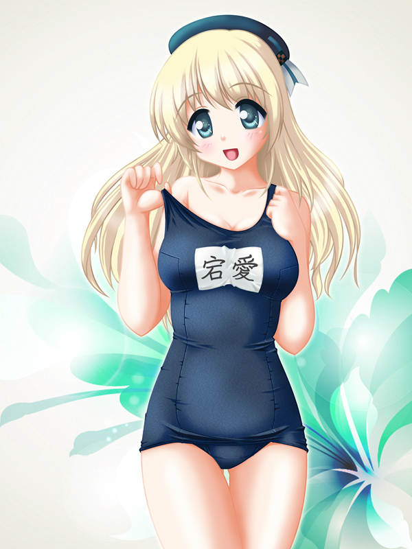 1girl atago_(kantai_collection) blonde_hair green_eyes hat kantai_collection long_hair neopure personification school_swimsuit solo swimsuit