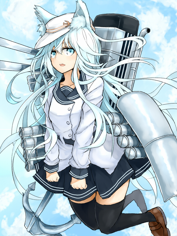 1girl anchor animal_ears azure_luna blue_eyes blue_hair clouds floating hammer_and_sickle hibiki_(kantai_collection) kantai_collection long_hair looking_at_viewer personification pleated_skirt school_uniform serafuku skirt sky solo thighhighs verniy_(kantai_collection) very_long_hair zettai_ryouiki